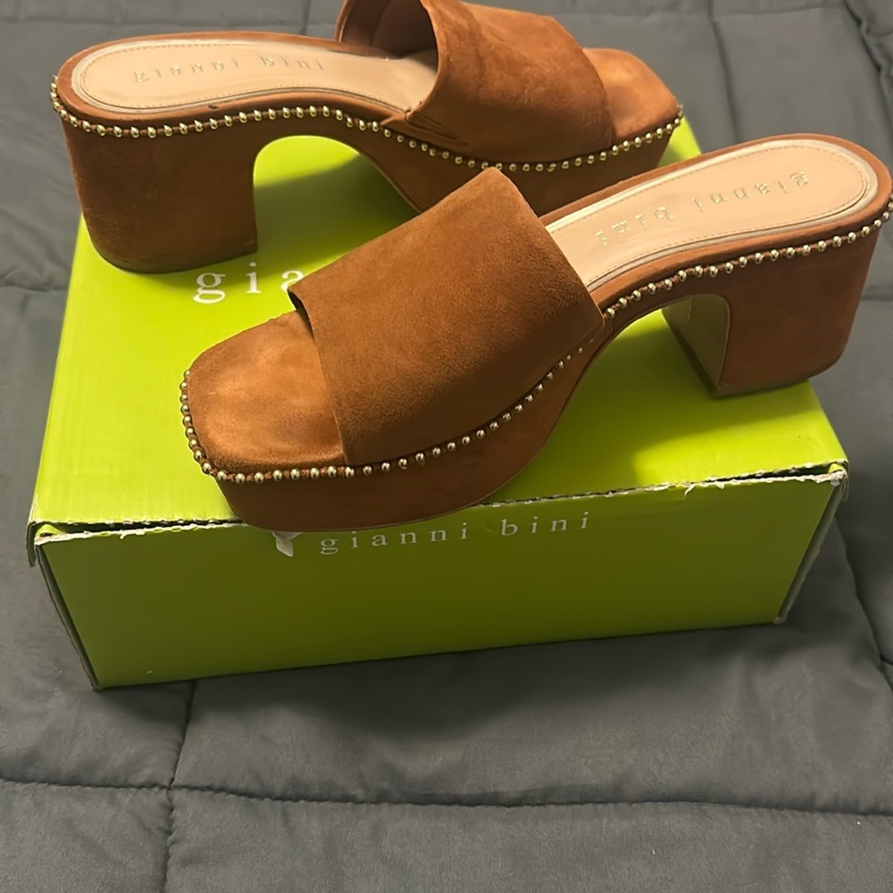 Gianni Bini Tan Suede Mules with Studded Detail